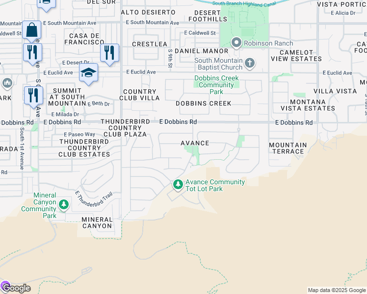 map of restaurants, bars, coffee shops, grocery stores, and more near 957 East La Mirada Drive in Phoenix