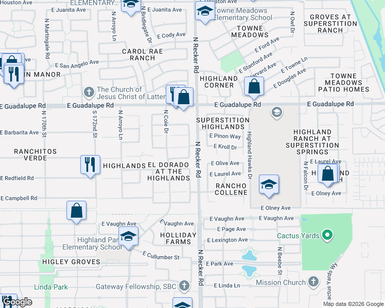 map of restaurants, bars, coffee shops, grocery stores, and more near 611 North Joshua Tree Lane in Gilbert
