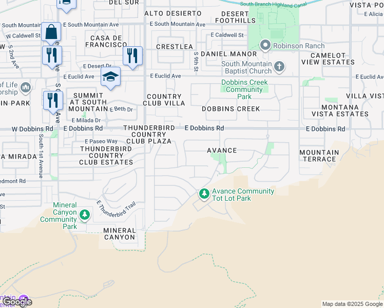 map of restaurants, bars, coffee shops, grocery stores, and more near 921 East La Mirada Drive in Phoenix