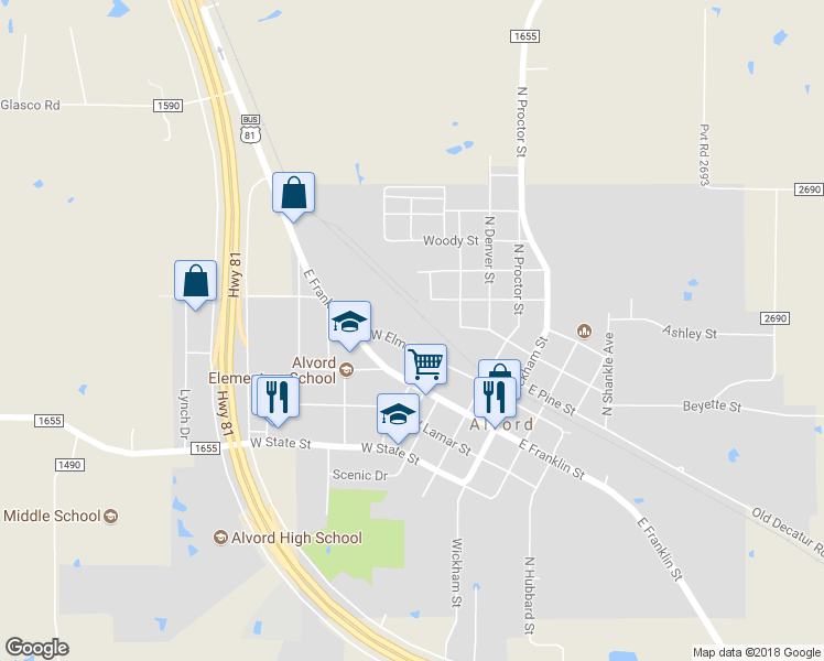 map of restaurants, bars, coffee shops, grocery stores, and more near 406 West Elm Street in Alvord