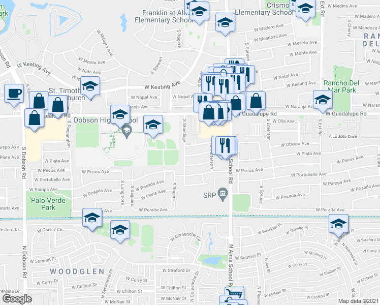 map of restaurants, bars, coffee shops, grocery stores, and more near 1356 West Obispo Avenue in Mesa