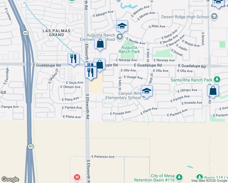 map of restaurants, bars, coffee shops, grocery stores, and more near 2950 South 94th Street in Mesa