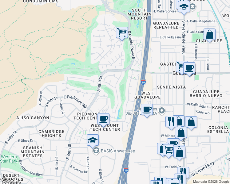 map of restaurants, bars, coffee shops, grocery stores, and more near 5019 East La Mirada Way in Phoenix