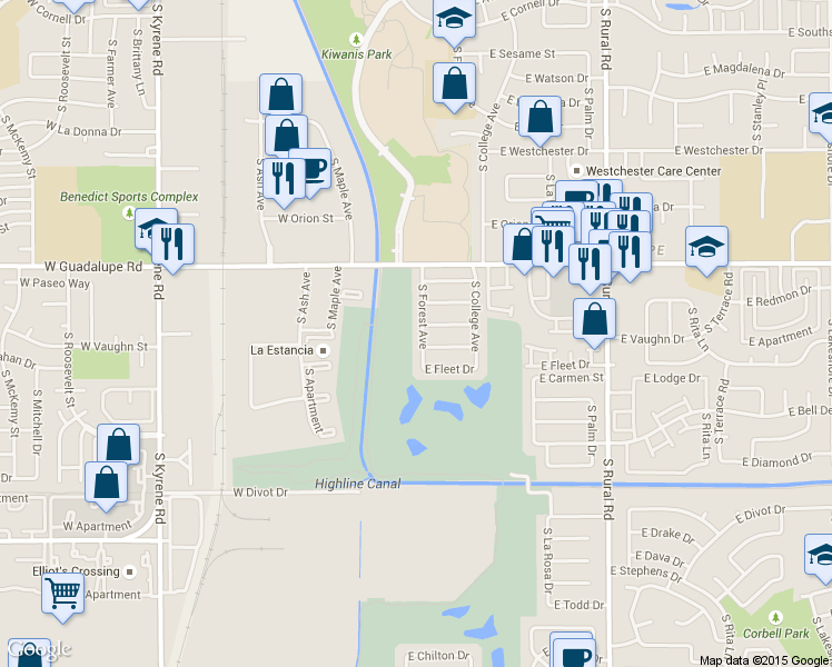 map of restaurants, bars, coffee shops, grocery stores, and more near 6612 South Forest Avenue in Tempe