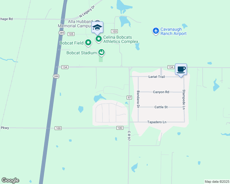 map of restaurants, bars, coffee shops, grocery stores, and more near 1636 Ranch House Road in Celina