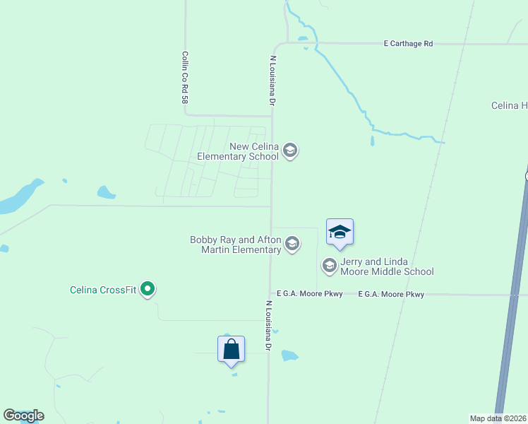 map of restaurants, bars, coffee shops, grocery stores, and more near 3090 North Louisiana Drive in Celina