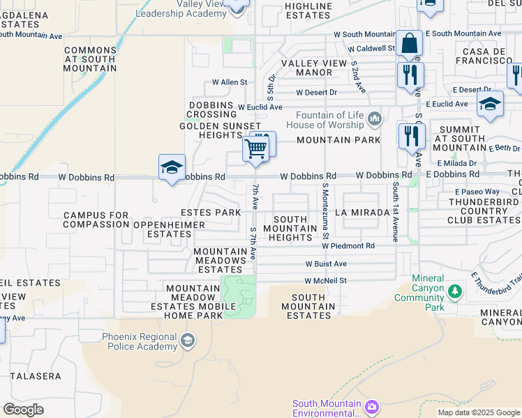 map of restaurants, bars, coffee shops, grocery stores, and more near 9245 South 7th Avenue in Phoenix
