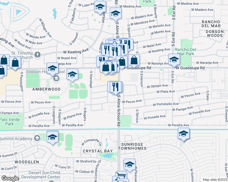 map of restaurants, bars, coffee shops, grocery stores, and more near 2930 South Alma School Road in Mesa