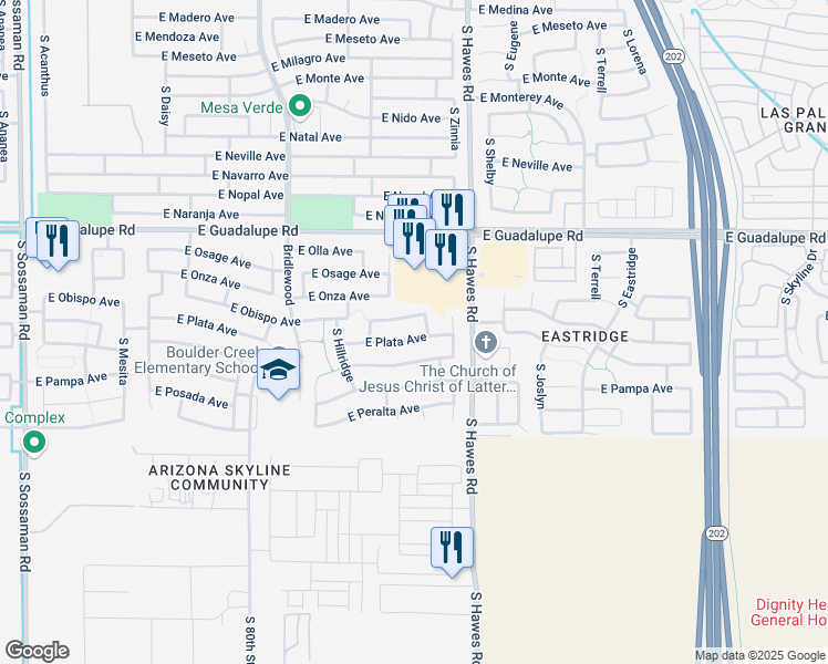map of restaurants, bars, coffee shops, grocery stores, and more near 8248 East Plata Avenue in Mesa