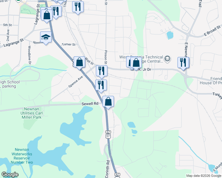map of restaurants, bars, coffee shops, grocery stores, and more near 24 Haynie Street in Newnan