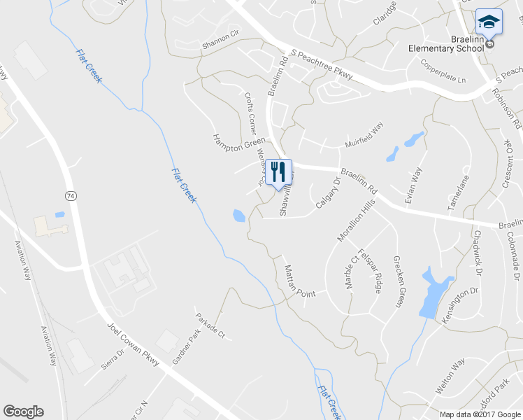 map of restaurants, bars, coffee shops, grocery stores, and more near 406 Calgary Dr in Peachtree City