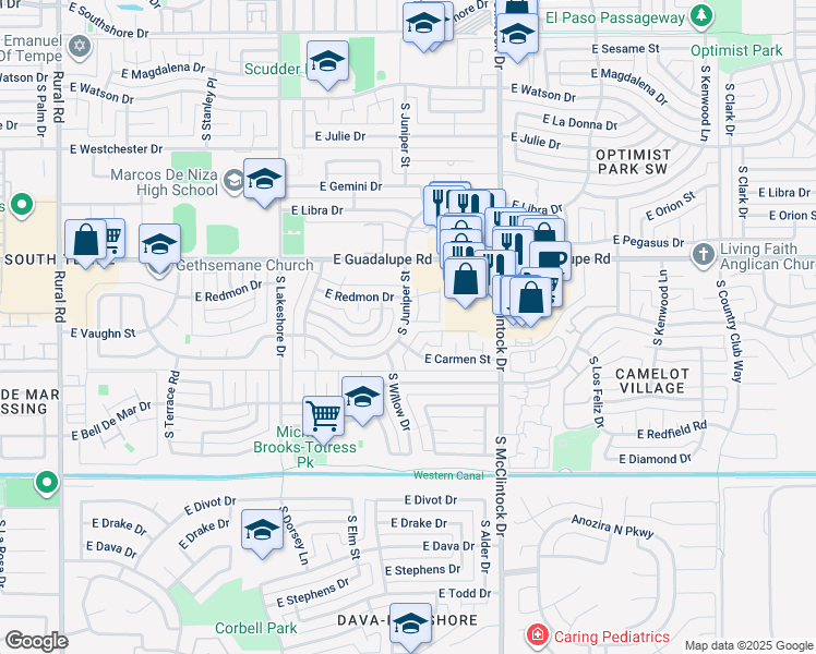 map of restaurants, bars, coffee shops, grocery stores, and more near 1501 East Vaughn Street in Tempe