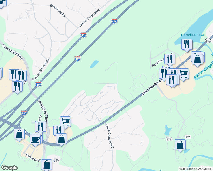 map of restaurants, bars, coffee shops, grocery stores, and more near 479 Scenic View Lane in Birmingham