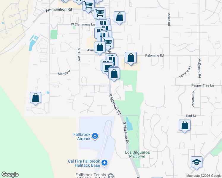 map of restaurants, bars, coffee shops, grocery stores, and more near 1678 South Mission Road in Fallbrook