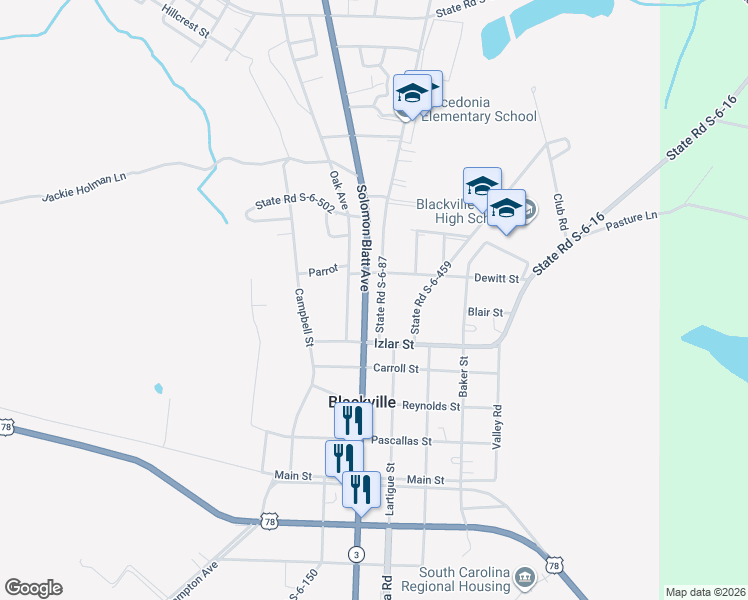 map of restaurants, bars, coffee shops, grocery stores, and more near 19720 Solomon Blatt Avenue in Blackville