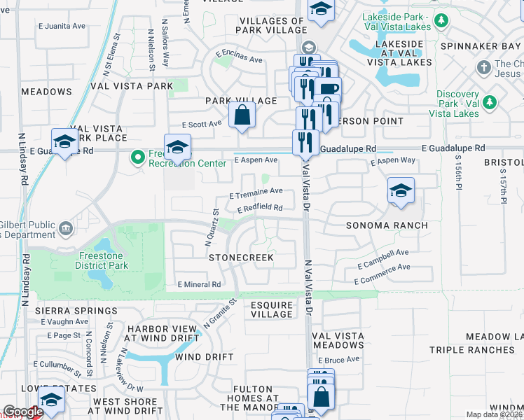 map of restaurants, bars, coffee shops, grocery stores, and more near 1451 East Redfield Road in Gilbert