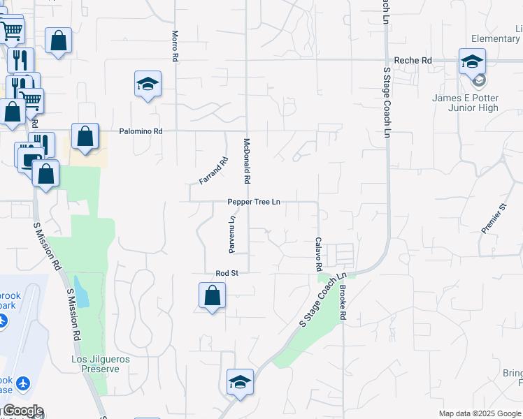 map of restaurants, bars, coffee shops, grocery stores, and more near 1121 Pepper Tree Lane in Fallbrook