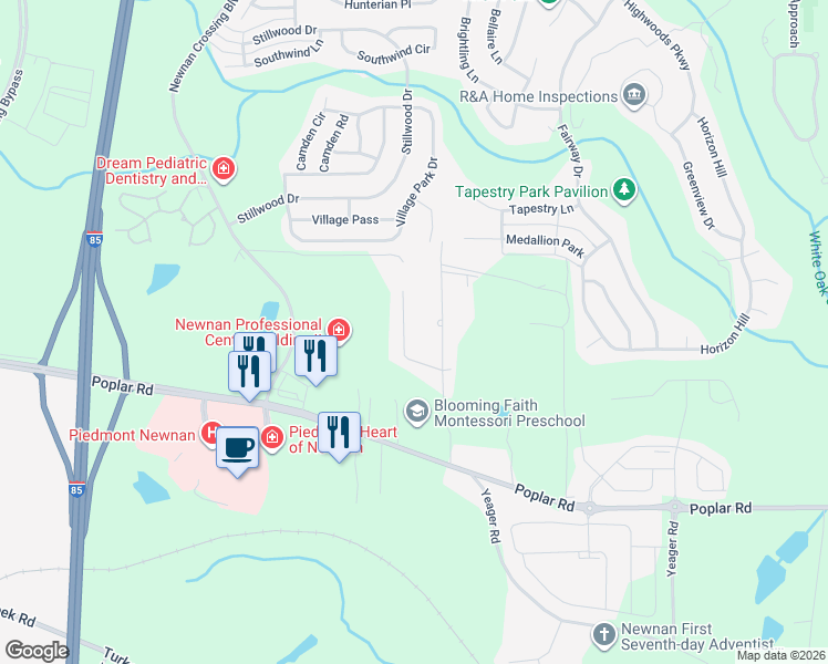 map of restaurants, bars, coffee shops, grocery stores, and more near 75 Sunnyland Drive in Newnan