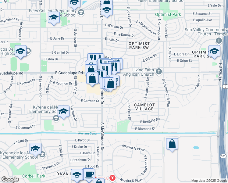 map of restaurants, bars, coffee shops, grocery stores, and more near 1835 East Guadalupe Road in Tempe