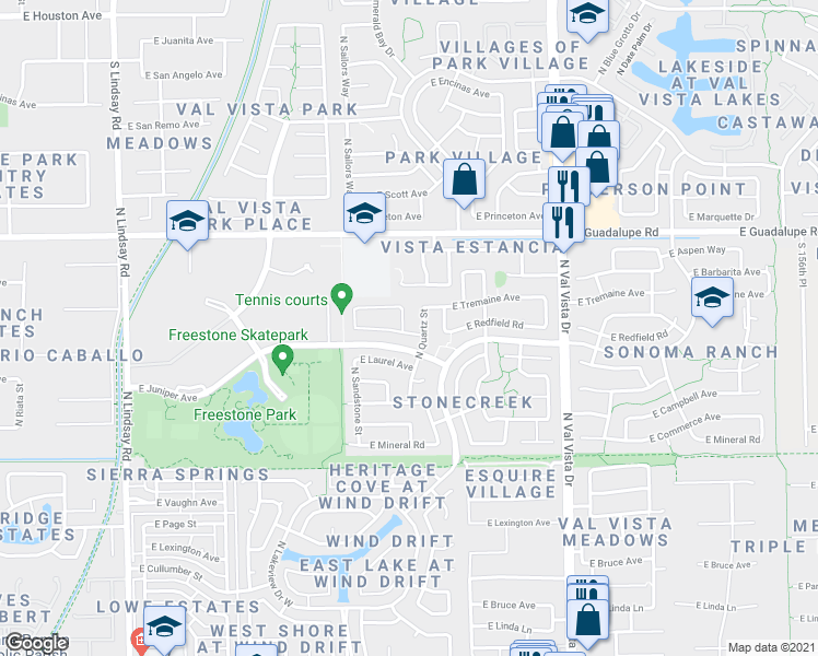 map of restaurants, bars, coffee shops, grocery stores, and more near 633 North Marble Street in Gilbert