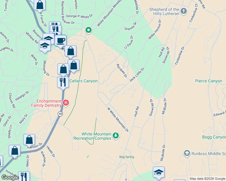 map of restaurants, bars, coffee shops, grocery stores, and more near 107 Jack Little Drive in Ruidoso