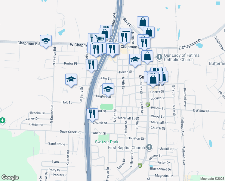 map of restaurants, bars, coffee shops, grocery stores, and more near 206 North 11th Street in Sanger
