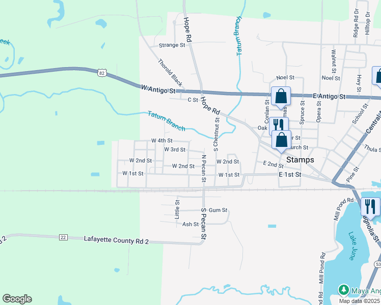 map of restaurants, bars, coffee shops, grocery stores, and more near 230 Elm Street in Stamps