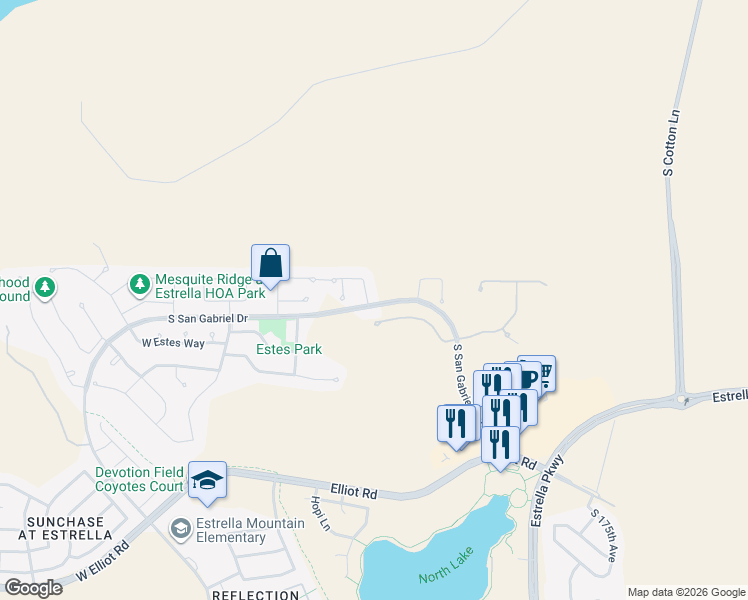 map of restaurants, bars, coffee shops, grocery stores, and more near 9361 South 179th Drive in Goodyear