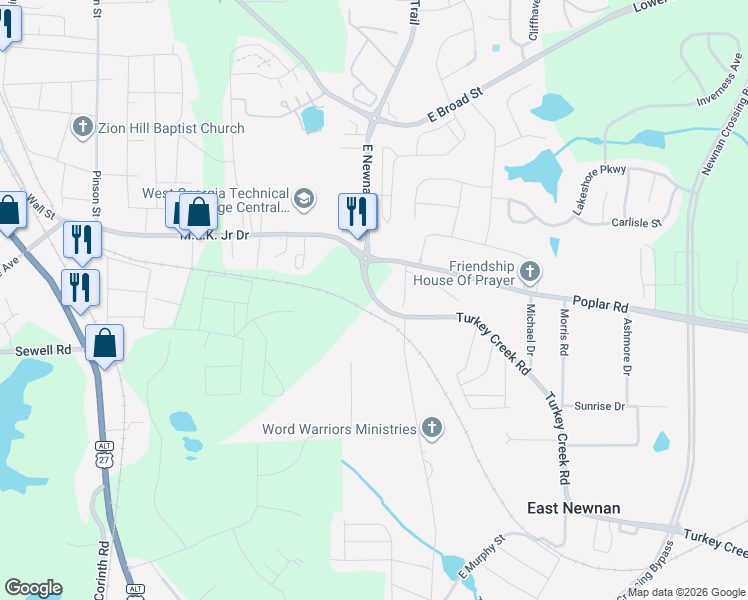 map of restaurants, bars, coffee shops, grocery stores, and more near 60 East Newnan Road in Newnan