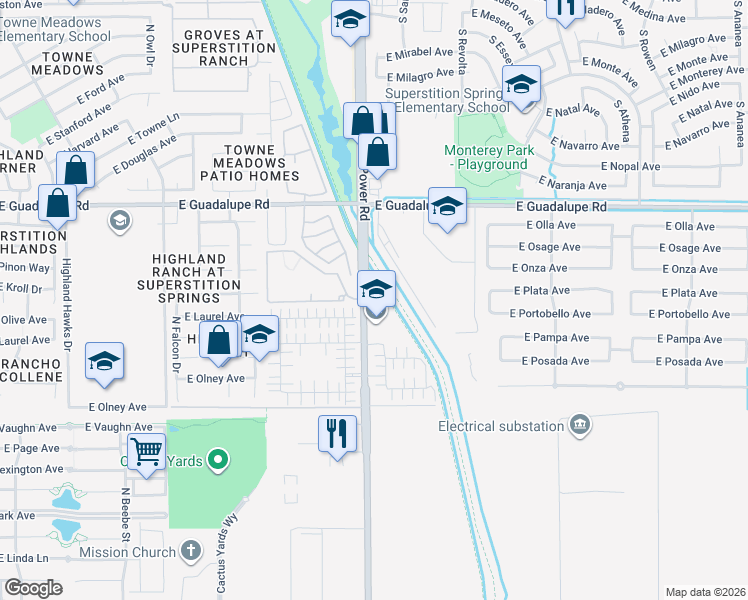map of restaurants, bars, coffee shops, grocery stores, and more near 2999 South Power Road in Mesa