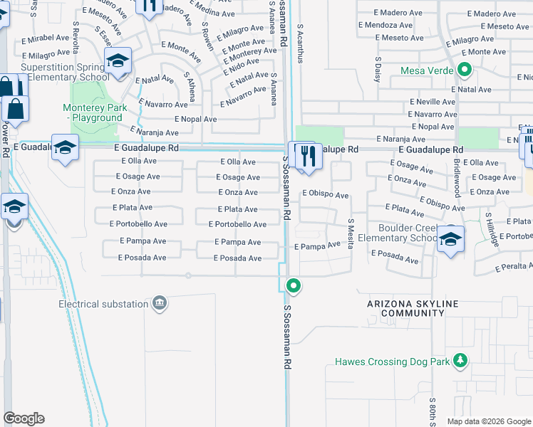 map of restaurants, bars, coffee shops, grocery stores, and more near 7537 East Plata Avenue in Mesa