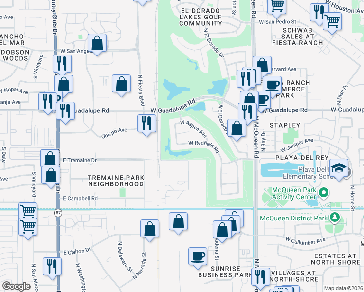 map of restaurants, bars, coffee shops, grocery stores, and more near 1907 West Redfield Road in Gilbert