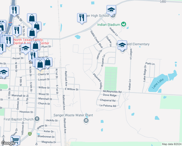 map of restaurants, bars, coffee shops, grocery stores, and more near 33 Pleasant Valley in Sanger