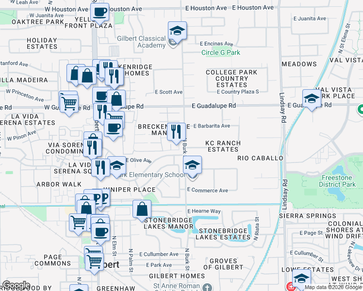 map of restaurants, bars, coffee shops, grocery stores, and more near 615 North Ironwood Way in Gilbert