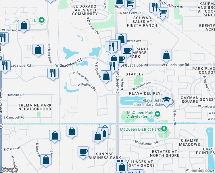 map of restaurants, bars, coffee shops, grocery stores, and more near 648 North El Dorado Drive in Gilbert