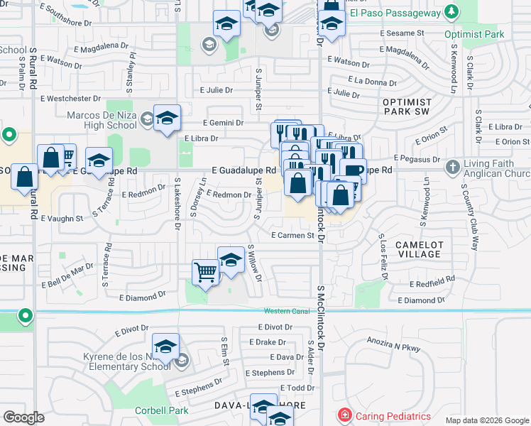 map of restaurants, bars, coffee shops, grocery stores, and more near 1501 East Vaughn Street in Tempe