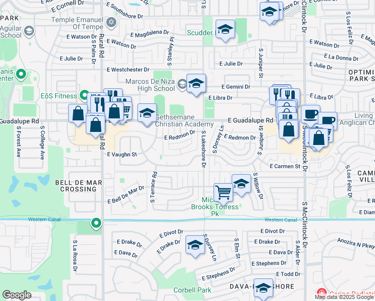 map of restaurants, bars, coffee shops, grocery stores, and more near 1180 East Carmen Street in Tempe