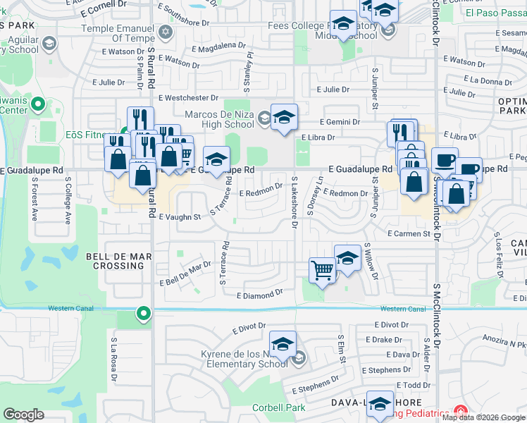 map of restaurants, bars, coffee shops, grocery stores, and more near 1135 East Vaughn Street in Tempe