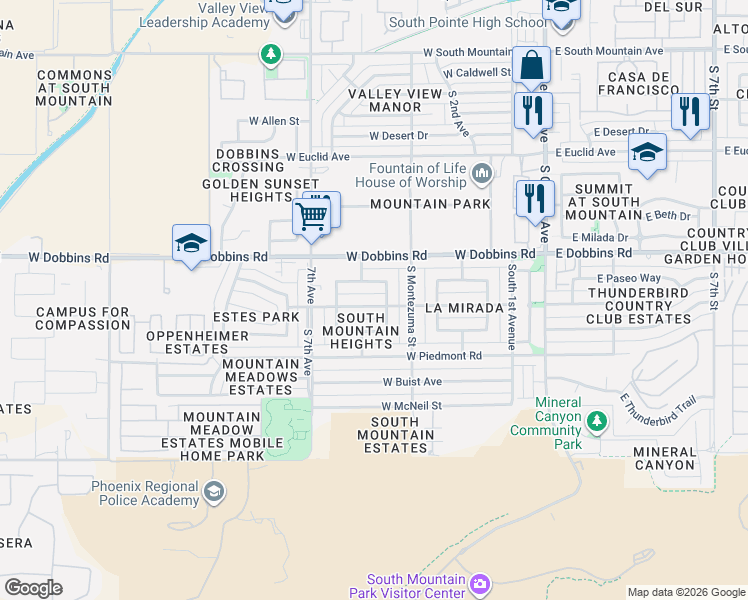 map of restaurants, bars, coffee shops, grocery stores, and more near 9245 South 4th Avenue in Phoenix