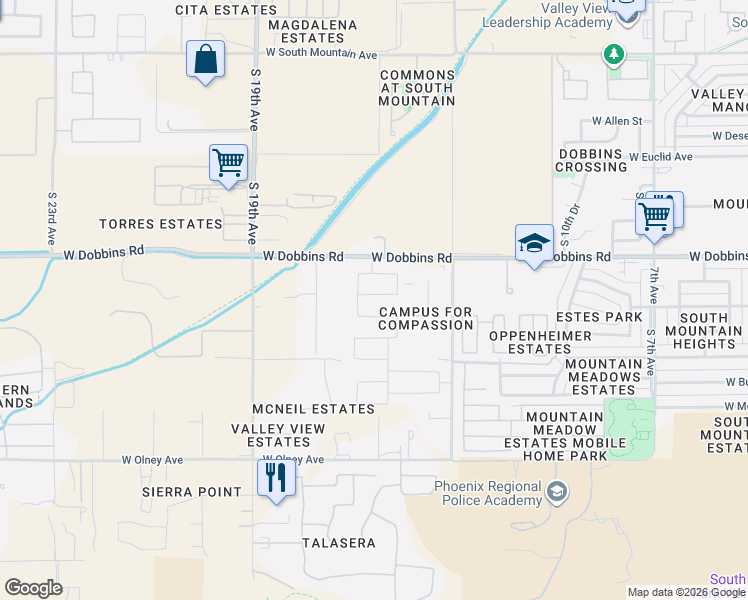 map of restaurants, bars, coffee shops, grocery stores, and more near 1625 West Dobbins Road in Phoenix