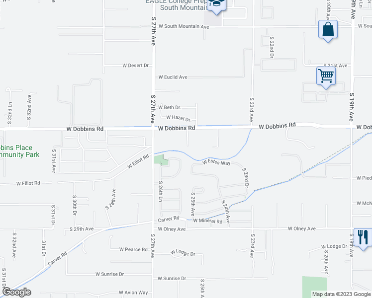 map of restaurants, bars, coffee shops, grocery stores, and more near 2533 West Dobbins Road in Phoenix