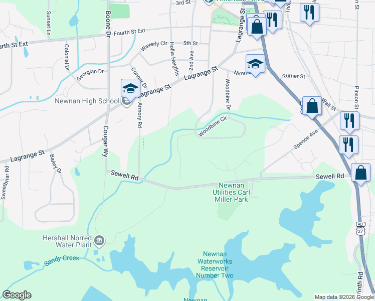 map of restaurants, bars, coffee shops, grocery stores, and more near 10 Woodlane Drive in Newnan