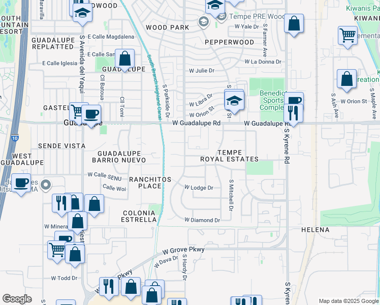 map of restaurants, bars, coffee shops, grocery stores, and more near 922 West Vaughn Street in Tempe