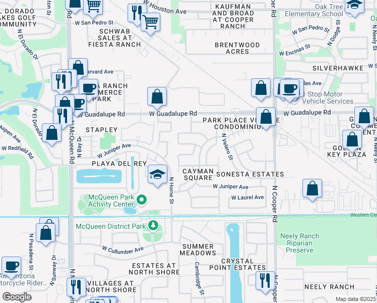 map of restaurants, bars, coffee shops, grocery stores, and more near 1140 West Kroll Avenue in Gilbert