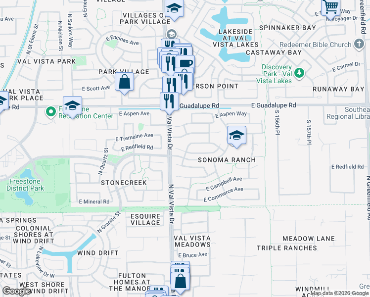 map of restaurants, bars, coffee shops, grocery stores, and more near 1630 East Redfield Road in Gilbert
