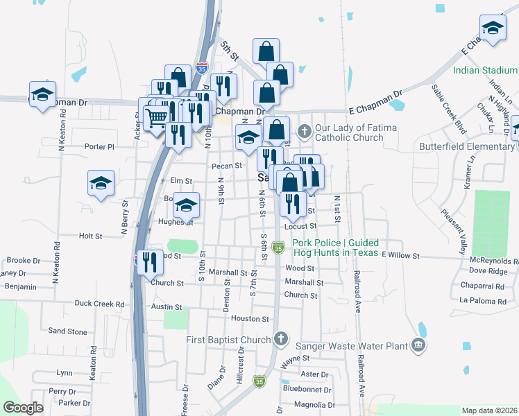 map of restaurants, bars, coffee shops, grocery stores, and more near 203 North 6th Street in Sanger