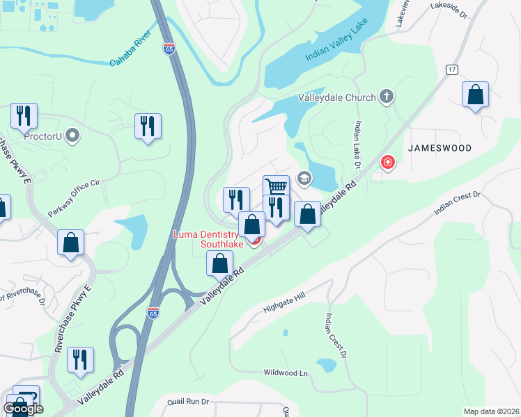 map of restaurants, bars, coffee shops, grocery stores, and more near 128 Southlake Lane in Birmingham