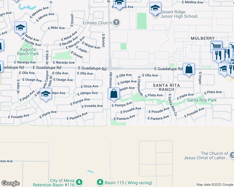 map of restaurants, bars, coffee shops, grocery stores, and more near 2944 South Feliz in Mesa