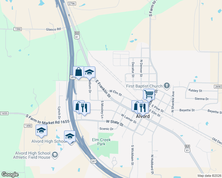 map of restaurants, bars, coffee shops, grocery stores, and more near 500 West Elm Street in Alvord