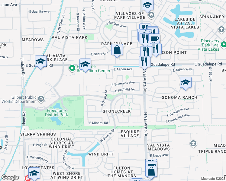 map of restaurants, bars, coffee shops, grocery stores, and more near 639 North Cobblestone Street in Gilbert